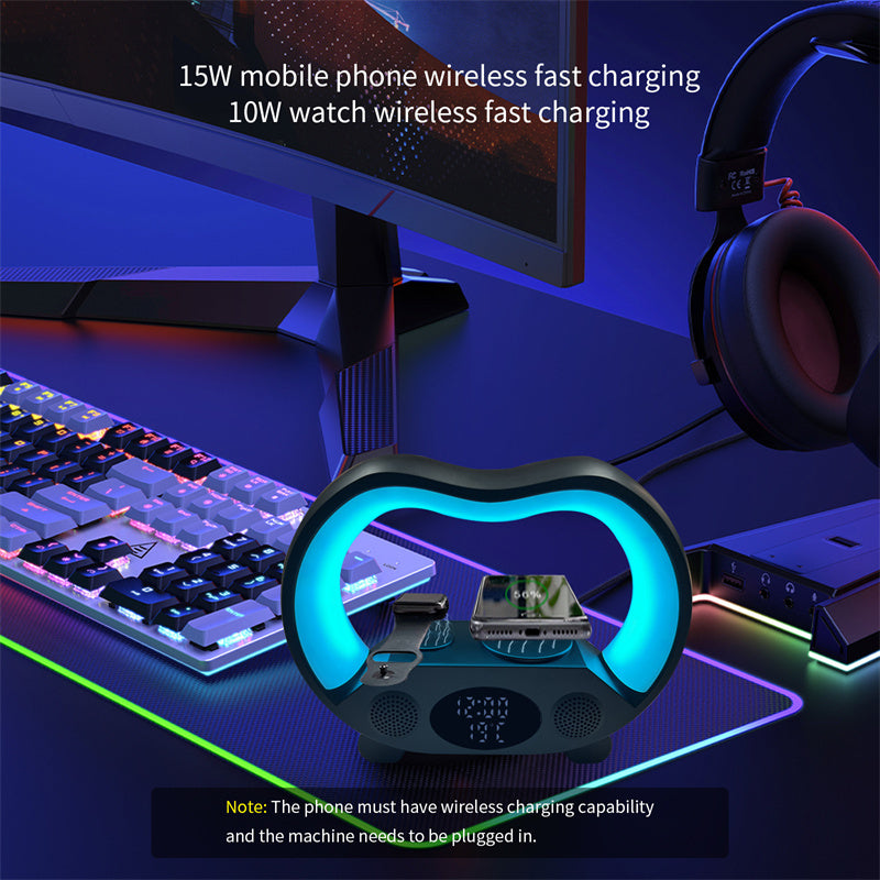 Lampe d’ambiance LED TrendoraX – enceinte Bluetooth, réveil et recharge sans fil
